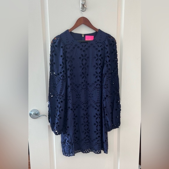 Lilly Pulitzer Women's Alyna Long Sleeve Eyelet Dress In True Navy Soiree Eyelet - Picture 2 of 16